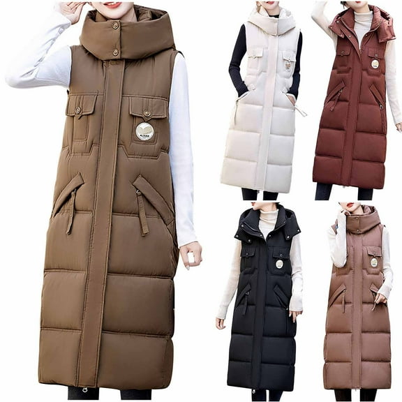 HAPIMO Long Puffer Vest Women Quilted Hooded Vest Padded Sleeveless Coat Jackets with Pockets Cotton Beige L