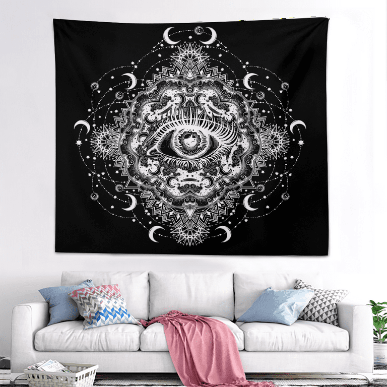 Sun Moon Tapestry Wall Hanging Stars Space Psychedelic Black and