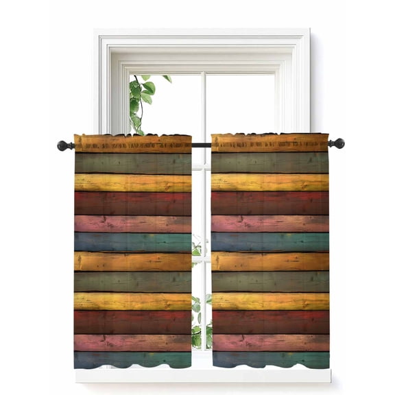 Colorful Vintage Curtains 45 Inch Length, Sheer Curtains for Bedroom Living Room Window Vintage Wooden Farmhouse Rod Pocket Voile Drapes Kitchen Curtains Small Half Window 52"x45" 2 Panels