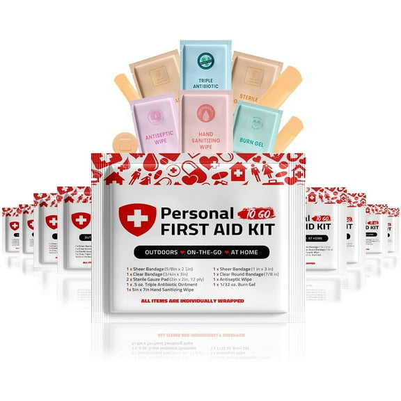 Portable Travel Size First Aid Kit - 10 Pack | Perfect for Home, Office, Car, School, Business, Travel, Hiking, Hunting, and Outdoors | Individually Wrapped First Aid Products (Red)