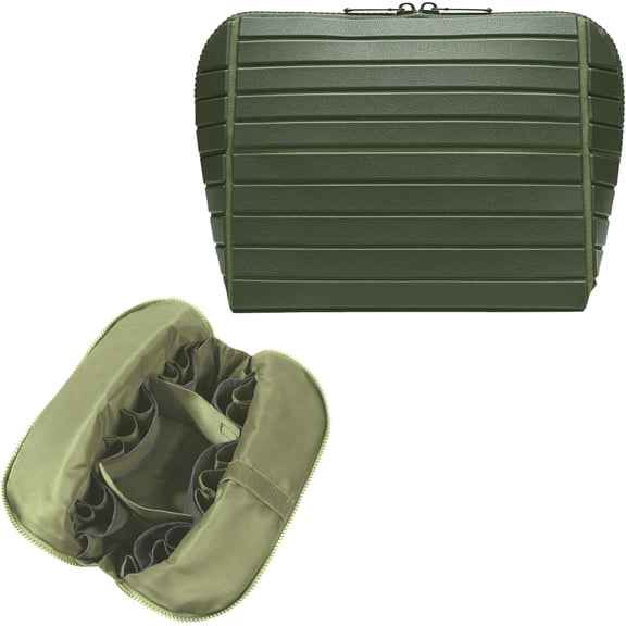 Travel Makeup Organizer Bag, Large Fold-Down Cosmetic Case with 27 Pockets & Adjustable Dividers, 8x4.5x7 in(Dark green)