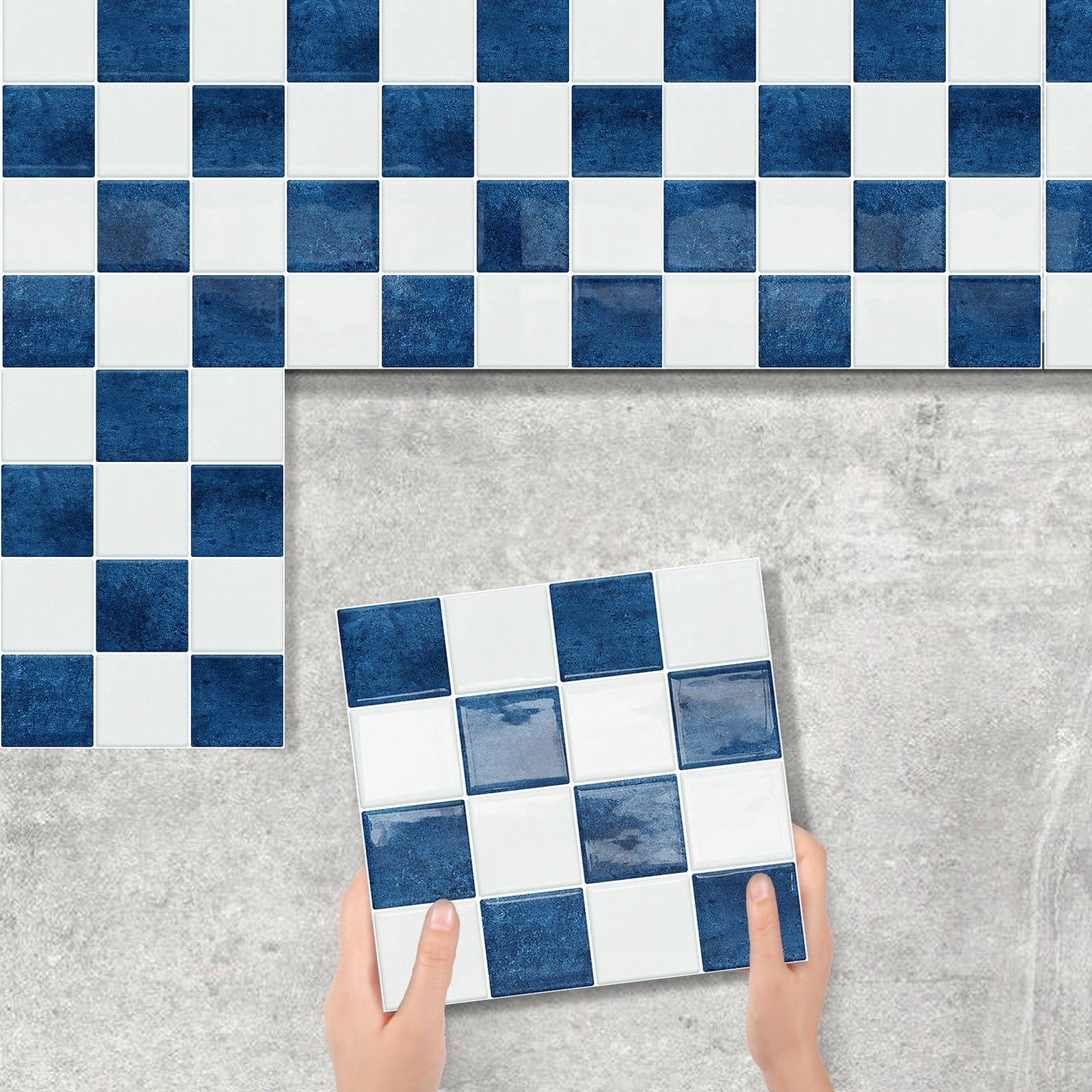 DEWOO Thick Peel and Stick Backsplash Tiles Kitchen Bathroom Square Self Adhesive Wall Tile Checkerboard Checkered Stickers,Blue (10-Sheet, 9"×9")
