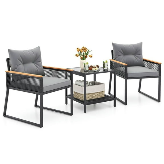 Spaco 3 Pieces Patio Furniture Set, Patio Set with 2 Tier Coffee Table and Soft Seat Cushions, Sturdy and Reliable PE Rattan Furniture, Gray