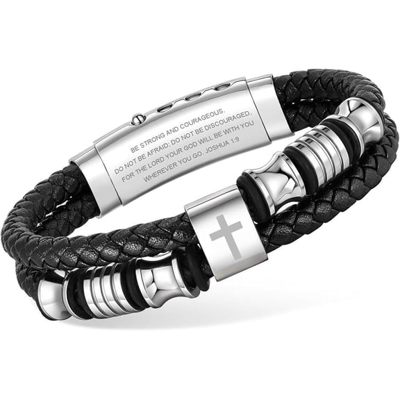 VNOX Christian Leather Bracelet for Men - Double-Row Braided Leather Faith Cross Bracelets Bangle Religious Baptism Inspirational Bible Verse Jewelry Gift for Young Men Teenage, Adjustable Wristband