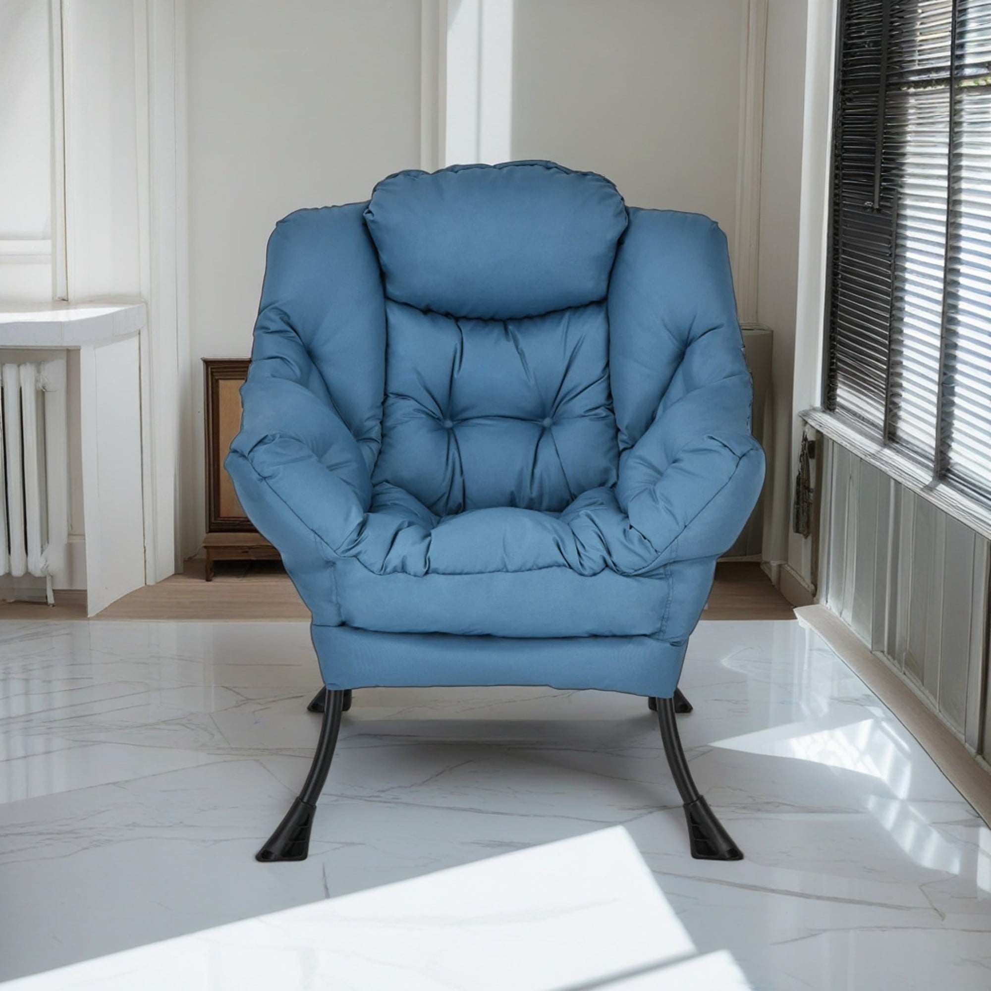 Demi Bonn Polyester Fabric Large Lazy Chair, Modern Accent Oversized Comfy Reading with Steel Frame and Side Pocket, for Living Room, Bedroom, Dorm, Navy