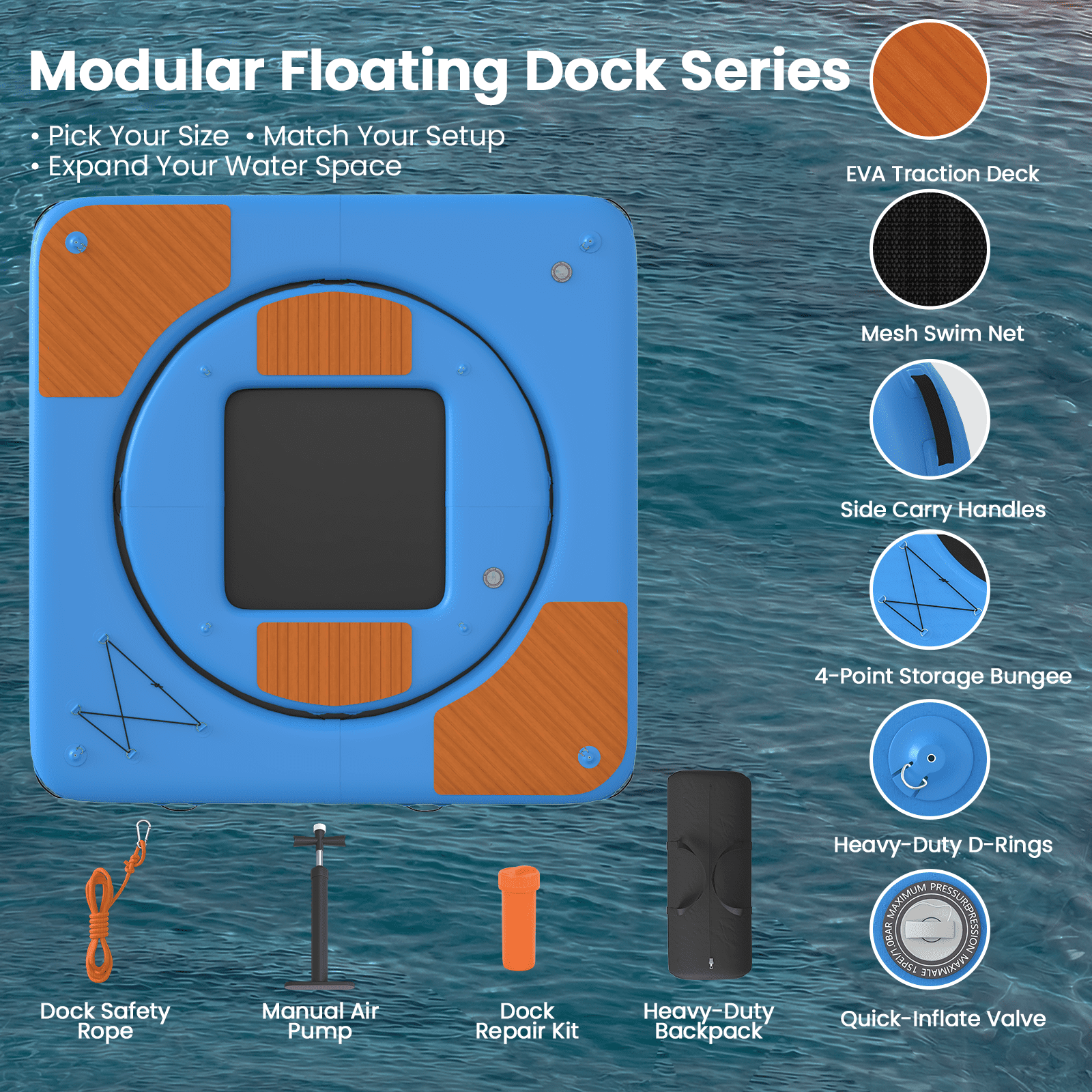 Bezliving 2 in 1 Inflatable Floating Dock Platform, Square EVA Traction Deck with Mesh Swim Net and Inner Floating Island, 6 in Thick, D Rings, Boat Swim Platform for Lake and Pool