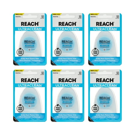 REACH Ultraclean Dental Floss  Mint  Plaque Remover for Teeth  Shred Resistant  Waxed  Easy on Gums & Teeth  Mint  Oral Care  Free  for Adults & Kids  6 Pack  30 yd