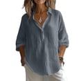 thumbnail image 3 of ClodeEU Women's V Neck 3/4 Sleeve Linen Blend Blouse,Casual Loose Fit Half Button Shirt Gray,Women's Plus XXL, 3 of 9