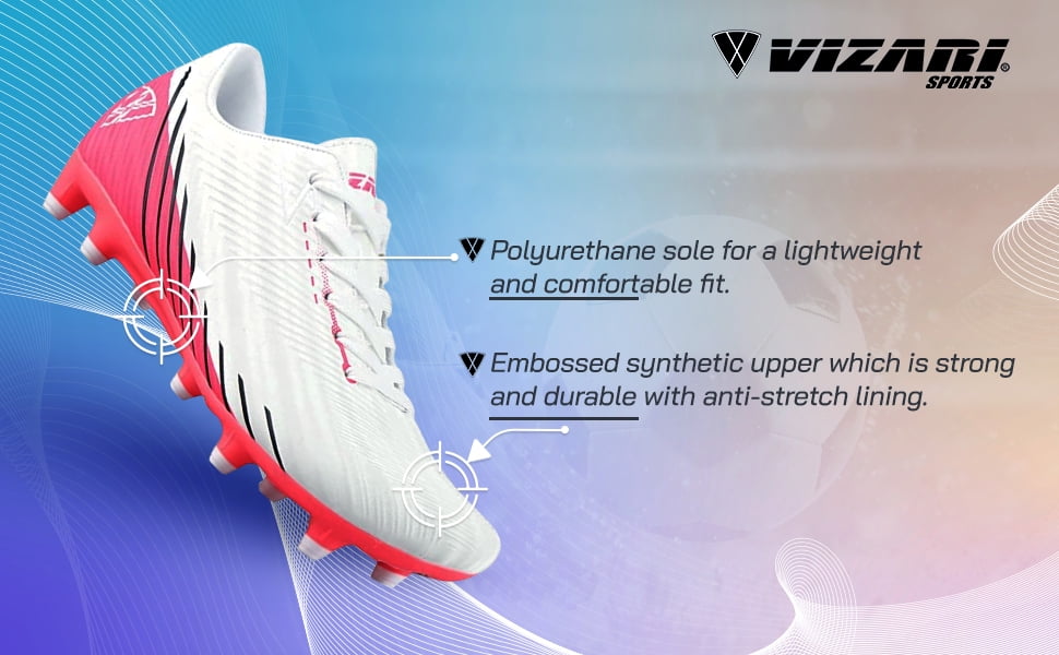 Vizari Kids Tesoro Junior Firm Ground Outdoor Soccer Shoes for Boys and Girls - White / Pink