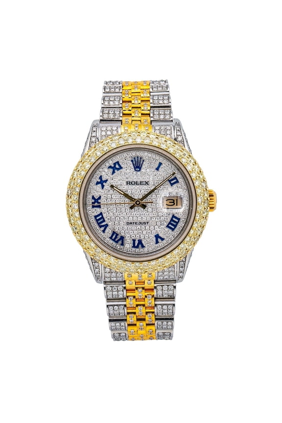 Pre-Owned Rolex Datejust 36MM 16013 Diamond Paved Blue Roman Dial Diamond Bezel Two Tone Yellow Gold Full Diamond Jubilee Bracelet 9.35ct