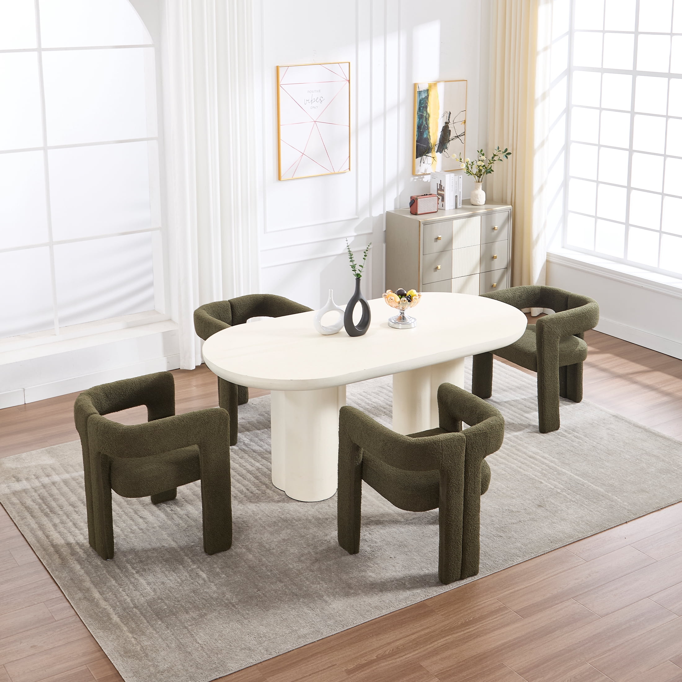 Guyou Modern Boucle Dining Chair Set of 6, Sherpa Upholstered Barrel Chair, Comfy Armchair with Open Backrest, Vanity Side Chair Accent Chair for Living Room Bedroom Dining Room, Green