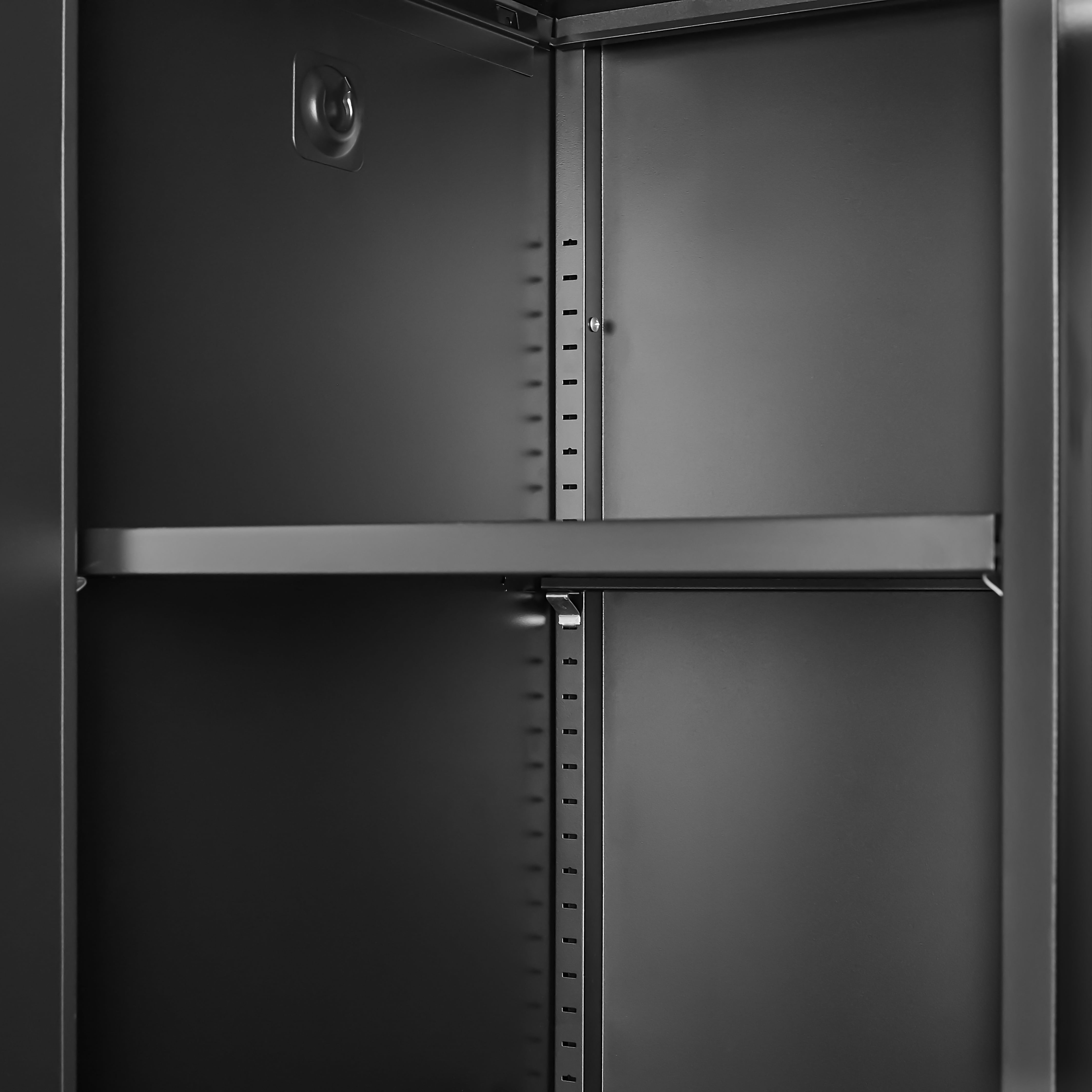Metal Storage Cabinet with Hanging Rod, Black Broom Closet Storage Cabinet with Lock, Tall Wardrobe Cabinets with Doors and Shelves, Locking Steel Tool Cabinets for Home, Office, Garage