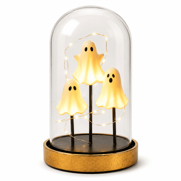 Halloween Decorations Indoor, Light Up Cute Ghost Glass Cloche Lamp, Ghost Night Light with Warm LED Lights for Home, Kitchen, Mantel, Tabletop, Party Decor and Holiday Decorations