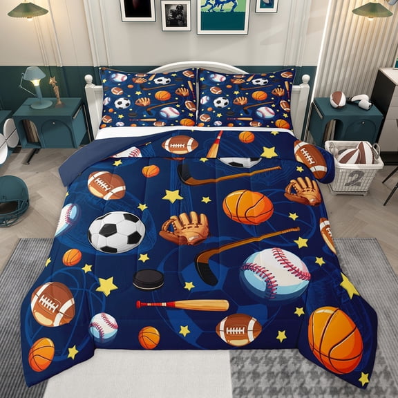 Homewish Cartoon Ball Print Bedding Comforter Set for Kid, Football Baseball Basketball Twin Comforter Sets, Sports Theme Reversible Bedding Set, Lightweight Room Decor, 2 Pieces