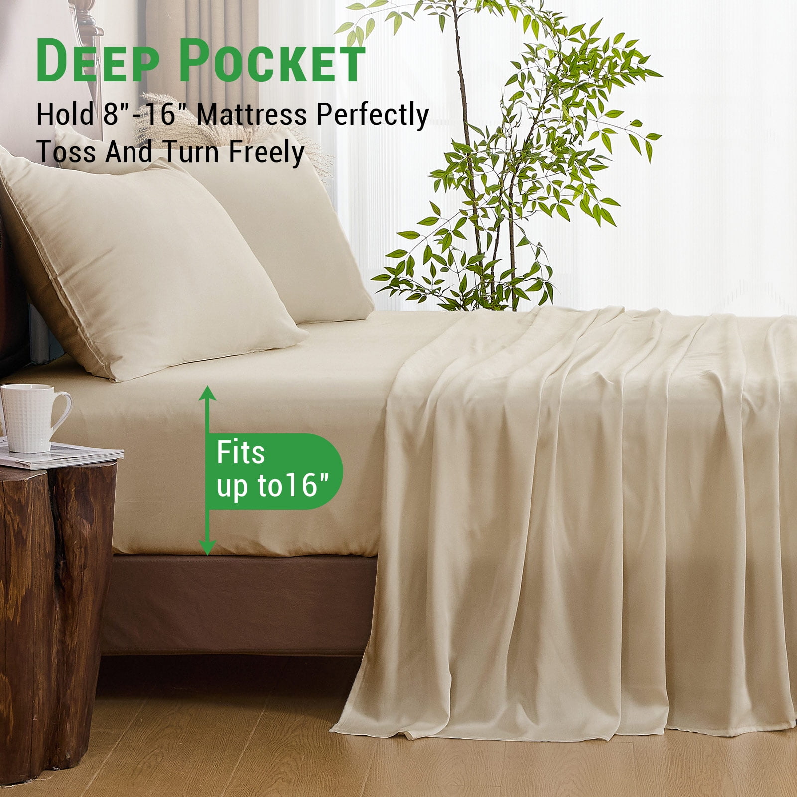 Gogreen 4PC Bamboo Queen Sheet Set, Deep Pocket Fit 16", Breathable Super Soft Luxury Hotel Style Home Decor Queen Size Sheet Set, Gift for Women, Men - 2 Pillowcases, 1 Flat Sheet, 1 Fitted Sheet