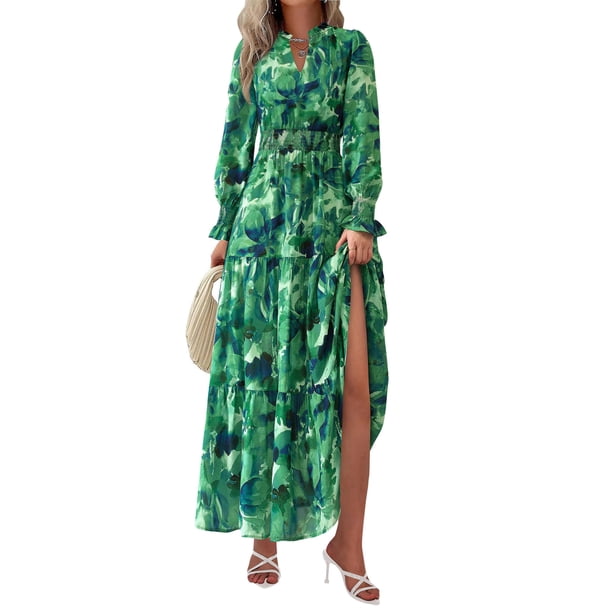 Vestido Maxi PRETTYGARDEN Mujer Floral Otoño 2025 Verde Talla L
