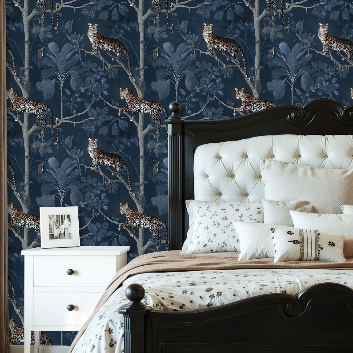 Peel and Stick Wallpaper Leopard Jungle Dark Blue Foliage Exotic Plants Wall Mural 23.6in x 9.8ft Self Adhesive Removable Wall Paper Renter Friendly Wallpaper for Nursery Bedroom Cabinets