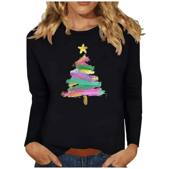Festival Saving Womens Christmas Tops Casual Holiday Long Sleeve Round Neck Christmas Tree Print Top Comfort Fit T-Shirt Blouse Fall Clothes My Items