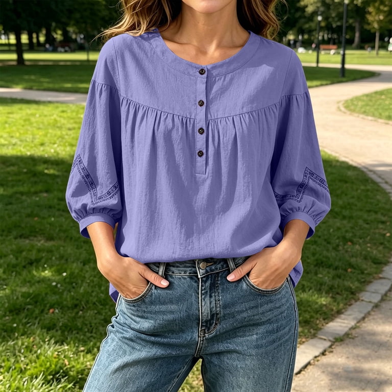 Lopecy-Sta Women's Top Stand Neck Partial Placket Peasant Balloon