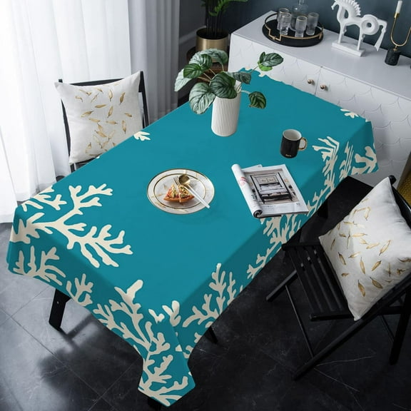 Teal Coral Rectangle/Square/Round Waterproof Tablecloths 60x120 inch Aqua Summer Beach Nautical Seaside Coastal Polyester Table Cloth Table Cover Tabletop for Wedding Party Dinner