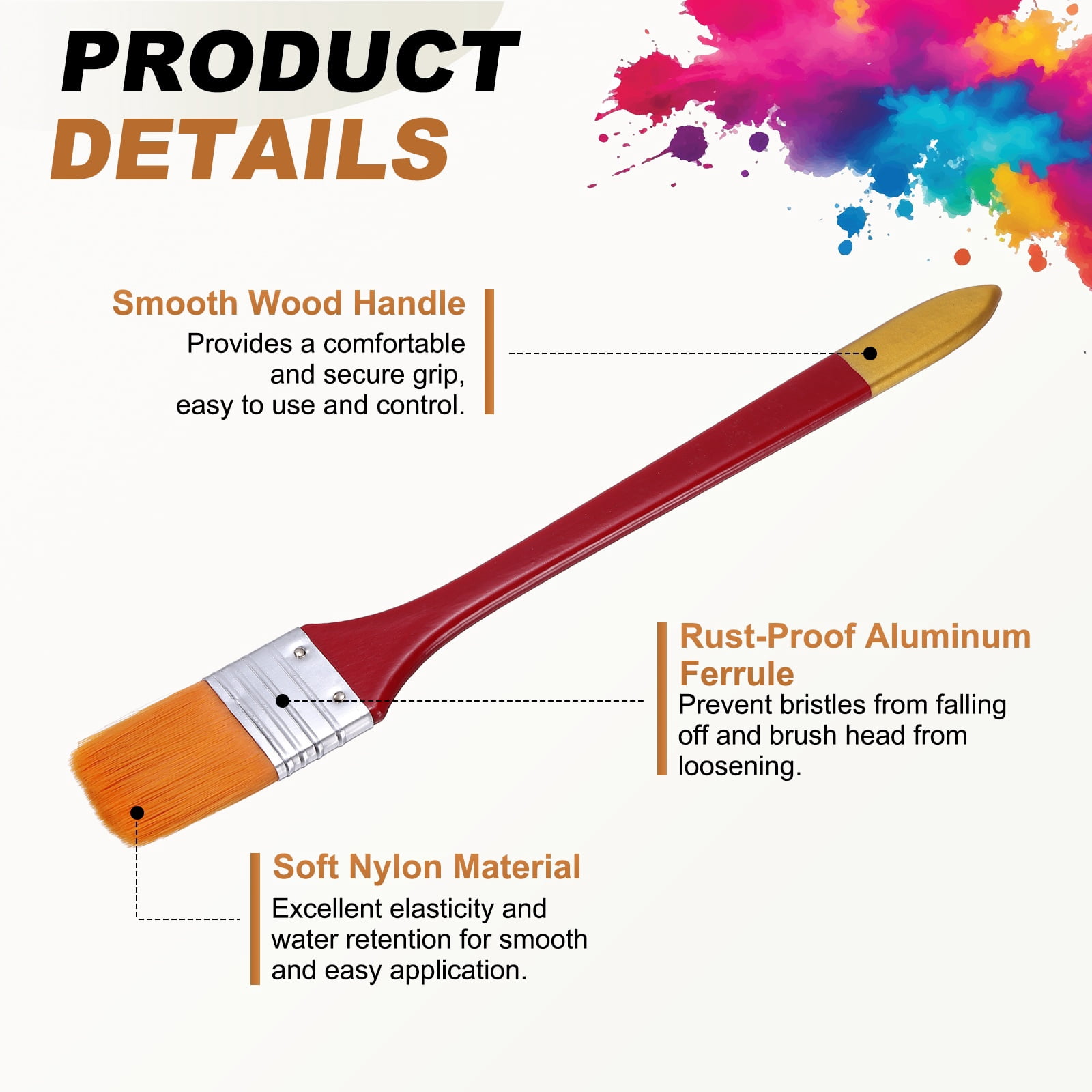 Uxcell 10 Pcs Flat Paint Brush 1.3" Width Nylon Acrylic Painting Brushes Professional Paint Tools with Wooden Handle Orange Bristles for Watercolor Oil Crafts Face Body Art, Red/Yellow