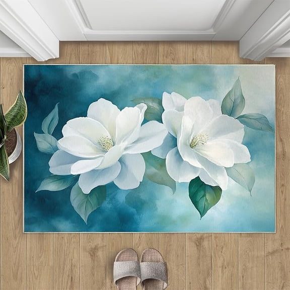 White Flower Area Rugs for Living Room Bedroom, Watercolor Area Carpet, Aesthetic Non-Slip Carpet, Floral Home Decor & Gifts-1x2ft