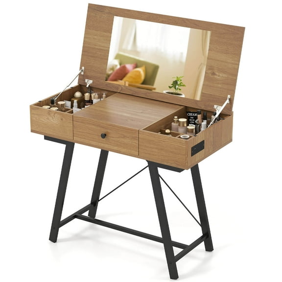 Costway Vanity Desk with Flip Top Mirror Makeup Dressing Table with Power Outlets Drawer