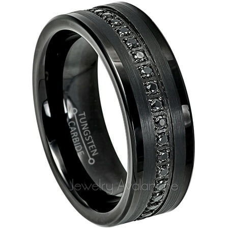 - Black Tungsten Wedding Ring - Band for Mens 8mm Tungsten Eternity Ring Black CZ Accented - Comfort Fit Pipe Cut Tungsten Carbide Ring - TN775s7