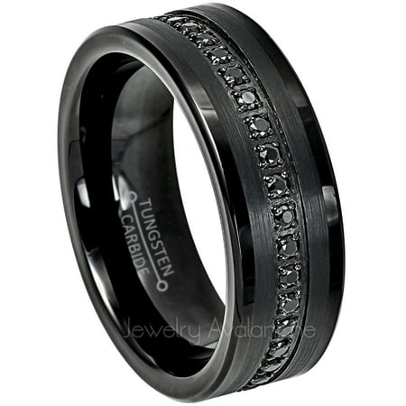 Black Tungsten Wedding Ring - Band for Mens 8mm Tungsten Eternity Ring Black CZ Accented - Comfort Fit Pipe Cut Tungsten Carbide Ring - TN775s7