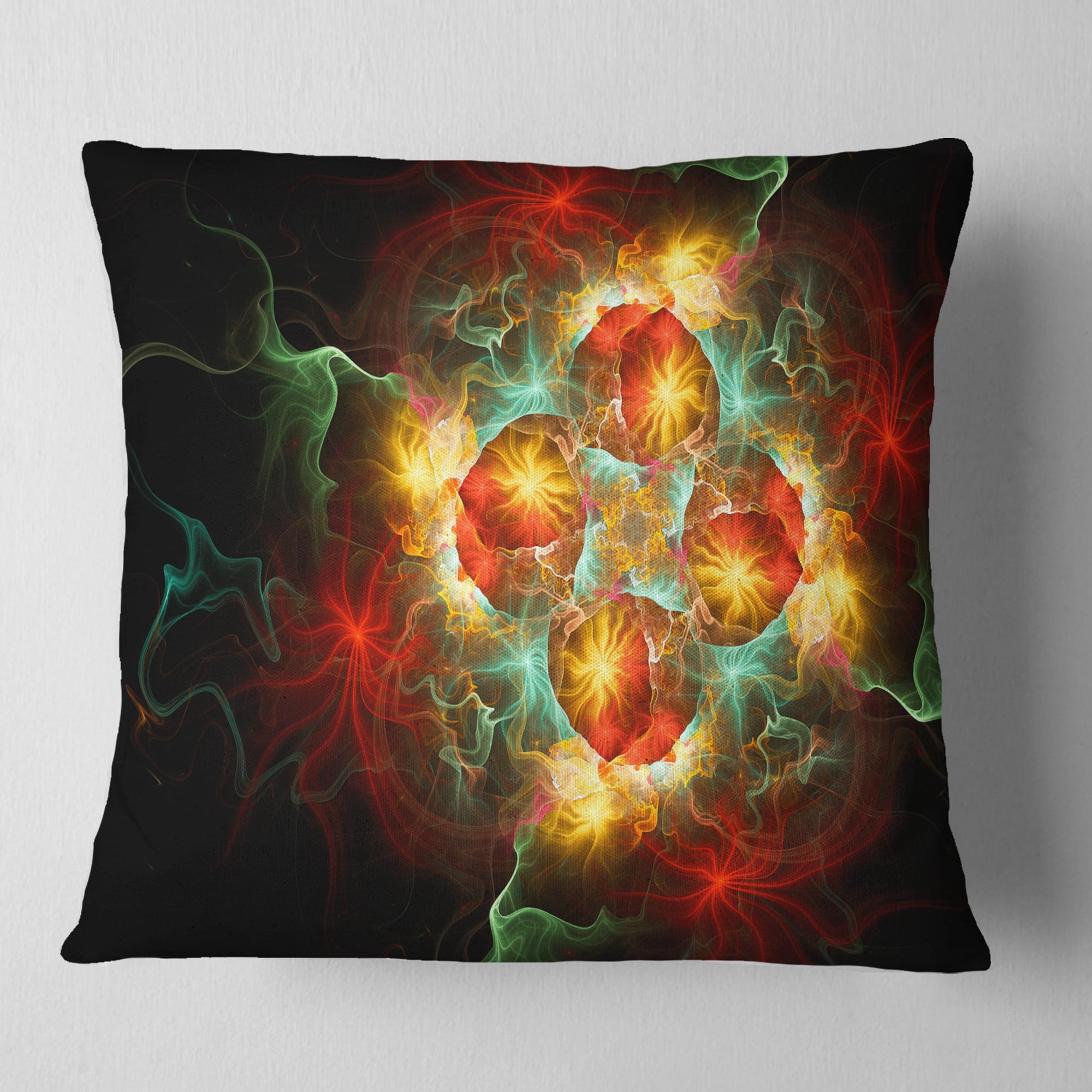 Designart Fractal Yellow N Red Flower - Floral Throw Pillow - 18x18