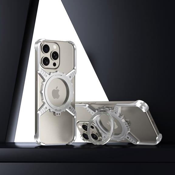 for iPhone 13 Pro Aluminum Metal Bumper with Magnetic Ring 360° Rotating Kickstand - Frameless Design, 4 Corner Drop Protection, Compatible with MagSafe & Adjustable Phone Stand,Silver