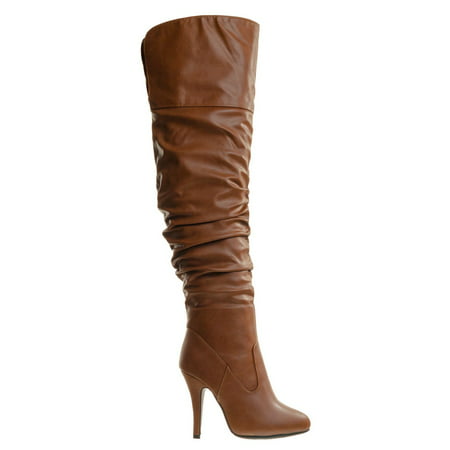 Focus33 by Forever Link, High heel Wrinkled Slouchy Dress Boots - Stretch Foldable Over Knee