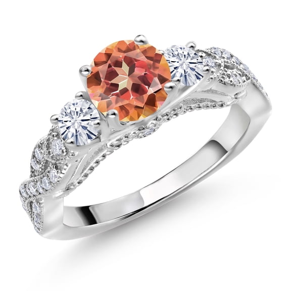 Gem Stone King 925 Sterling Silver Ecstasy Mystic Topaz and White Moissanite Engagement Ring for Women (1.47 Cttw, Gemstone, Round 6MM and 3MM, Size 8)