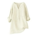 thumbnail image 3 of Linen Shirts For Women Lightweight Linen Blouses For Women V Neck Button Down Blouse Long Sleeve Henley Tops Linen Clothing For Women Summer Blouses For Women Gauze Shirts Beige 4XL, 3 of 3