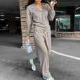 thumbnail image 4 of 2 Pcs/Set Women Shirt Pants Set V Neck Single-breasted Long Sleeves Knitted Loose Top Drawstring Elastic Waist Wide Leg Trousers Sport Tracksuit, 4 of 8