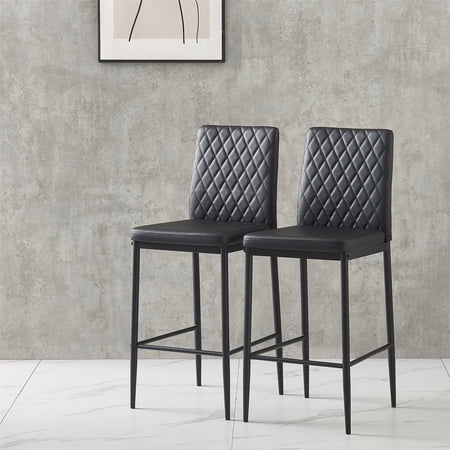 Highsound 26" Bar Stools Set of 2, Modern Full Back Fireproof Leather Bar Chairs, Black