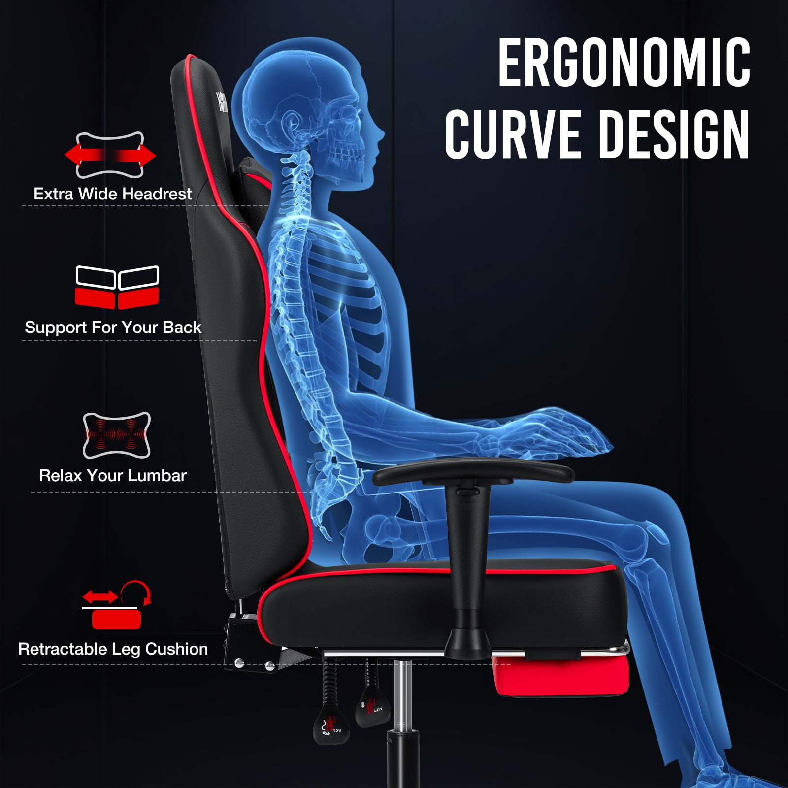 Hoffree Massage Gaming Chair with Footrest Ergonomic Design Gamer Chair with Adjustable Armrest for Adults and Teens Leather Game Chair with Headrest and Lumbar Support
