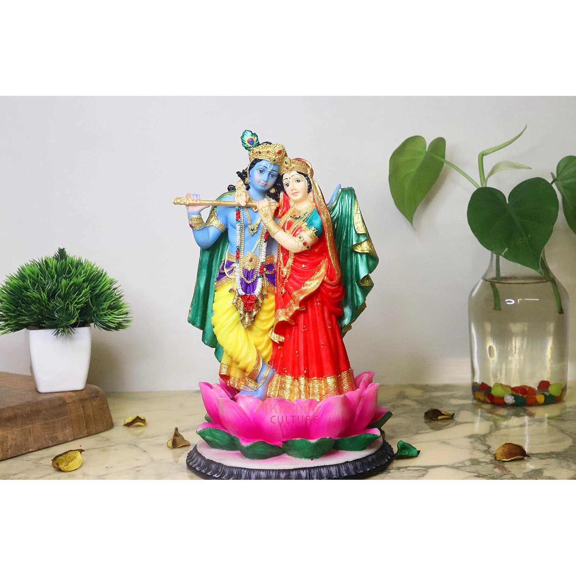 Sri Krishna Culture- Big Standing Radha Krishna Murti on Lotus Flower-Hindu God and Goddess Idol/Statue/Murti/Figurine(10 )-Polyster Resin-Multicolour