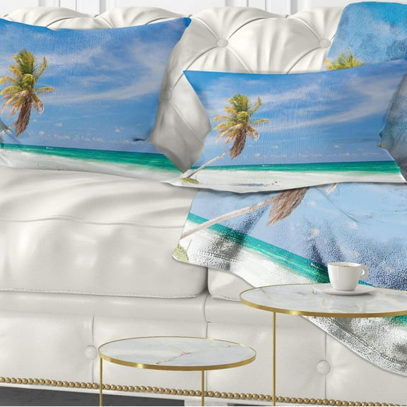 Designart Solitary Coconut Palm at Beach - Seashore Photo Throw Pillow - 12x20