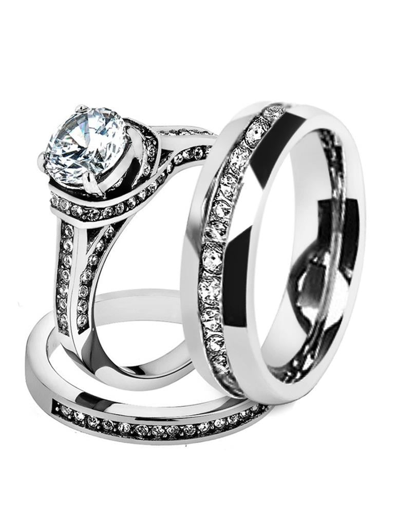 His andHer 3 Pc Stainless Steel Bridal Ring Set & Men's Zirconia Wedding Band 