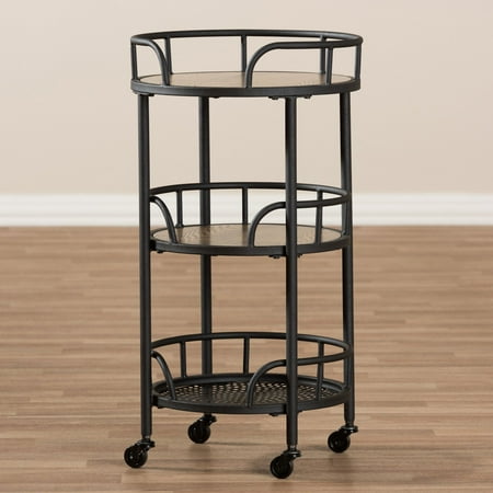 Baxton Studio Bristol Rustic Industrial Style Metal and Wood Mobile Serving Cart-Color:Black/"Walnut" Brown,Material:Wood/Metal,Quantity:1,Style:Rustic Industrial