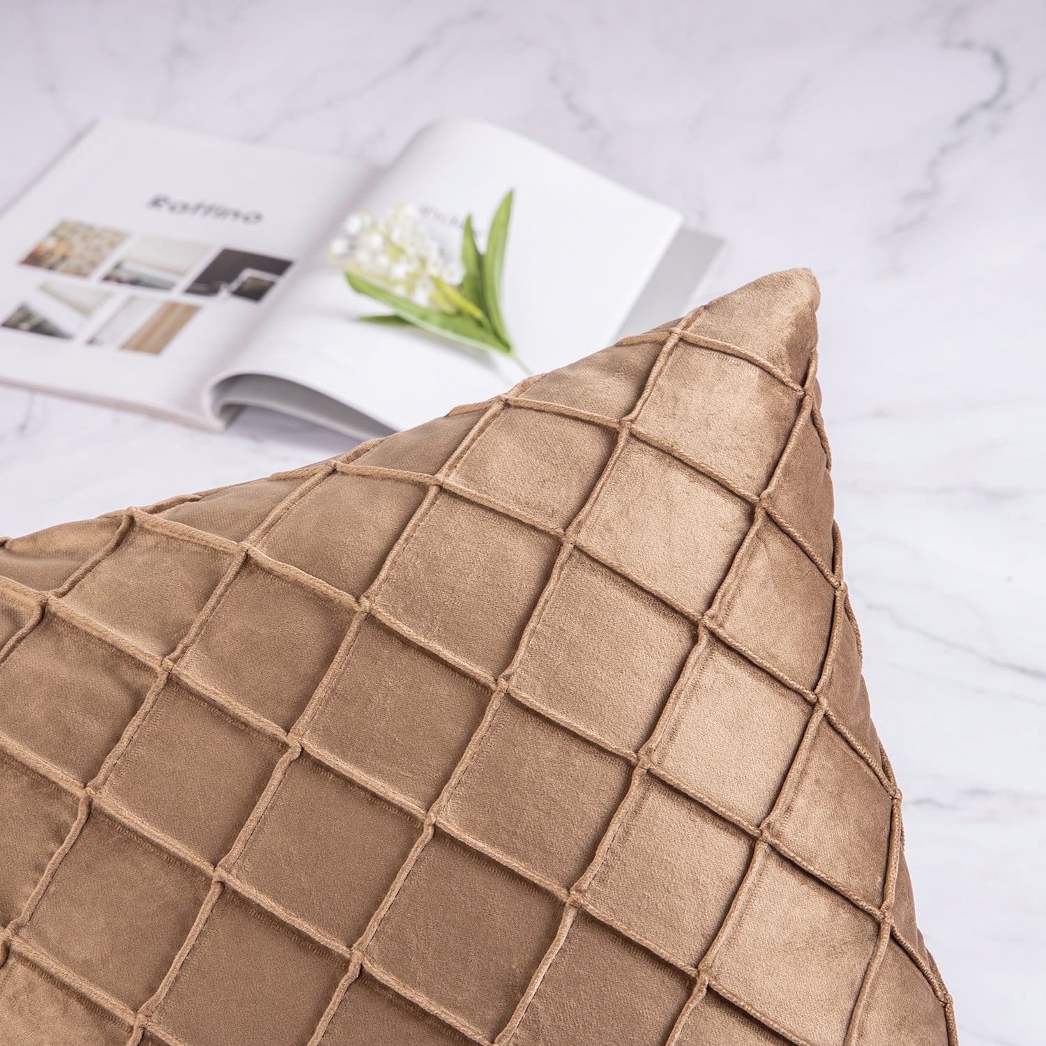 Phantoscope 18"x18" Velvet Pleated Checker Decorative Pillow, Brown