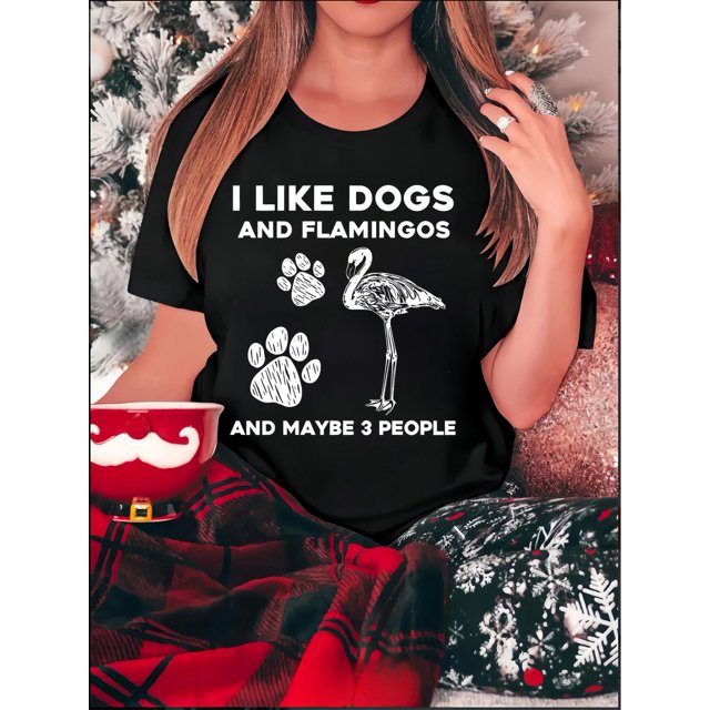 J'aime les Chiens et les Flamants Roses T-Shirt Graphique - Mélange de Polyester Col Rond Décontracté avec Imprimé Animal pour Femmes, Extensible Moyen, Confortable Toutes Saisons Fête des Pères, Fête des Mères, Nouvel An, Printemps