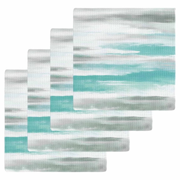 Turquoise Gray White Kitchen Dish Towels for Drying Dishes Set of 4, Country Abstract Ombre Mottled Waffle Weave Microfiber Hand Tea Bathroom Towels Quick Dry & Absorbent Towel 12x12