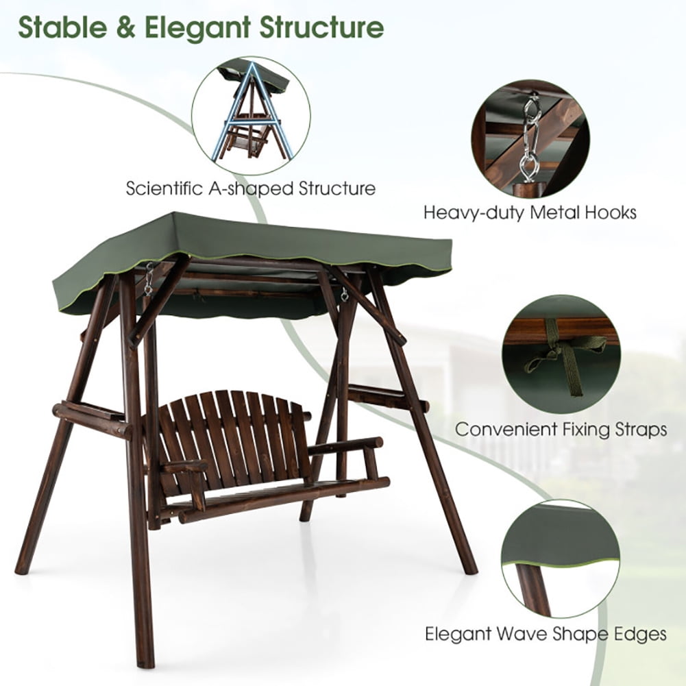 Aimee Lii 2-Person Outdoor Wooden Porch Swing with an Adjustable Canopy, Swing Chair Outdoor