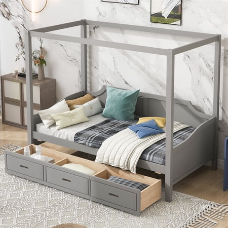 Modern Twin Size Canopy Daybed with 3 in 1 Drawers for Kids and Teens  Pine Wooden Daybed Tent Frame with Wood Slat Support  Solid Wood Platform House Bed for Bedroom Dorm Room  Gray