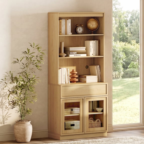 Modern 72" Tall Bookshelf with Glass Doors & Drawers, Library Bookcase with Storage Cabinet and Open Shelves,Oak