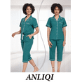 thumbnail image 2 of ANLIQI Women's Pajama Sets 100% Cotton Summer Short Sleeve Capri Pajamas for Women Set Button Down Pjs Soft Sleepwear(Green,2XL), 2 of 6