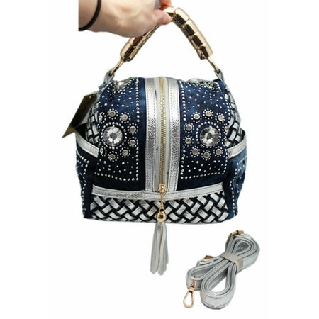 Rhinestone Emblazoned Blue Colored Miniature Handbag With Metal Handle