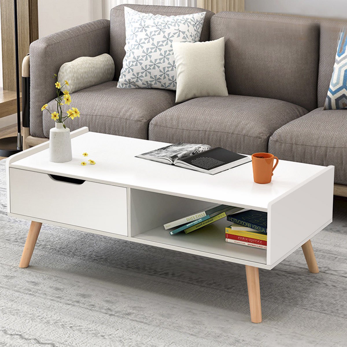 Modern Coffee Table Side End Table Cabinet W Drawers Solid Wood